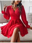 Kadın Uzun Kollu Kruvaze Yakalı Mini Sandy Elbise