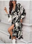 Kadın Uzun Kollu Kruvaze Yakalı Yandan Bağlamalı Desenli Mini Modal Elbise