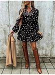Kadın Uzun Kollu V Yakalı Belden Kuşaklı Puantiyeli Mini Modal Elbise
