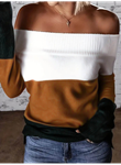 Kadın Uzun Kollu Omuzlardan Açık Uzun Kollu Blok çizgili Triko Bluz
