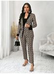 Kadın Uzun Kollu Yakalı Desenli Dalgıç Ceket Bluz Ve Pantolon üçlü Takım