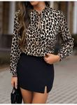 Kadın Uzun Kollu Yakadan Bağcıklı Leopar Desenli Süprem Bluz