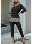 Kadın Uzun Kollu Yuvarlak Yakalı Kaz Ayağı Detaylı Viskon Iki Iplik Bluz Ve Pantolon Ikili Takım