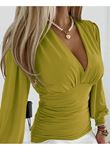 Kadın Uzun Kollu Derin V Yakalı önden Büzgülü Sandy Bluz