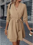 Kadın Uzun Kollu Kruvaze Yakalı Belden Kuşaklı Mini çift Katlı Ithal Krep Elbise
