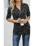 Kadın Uzun Kollu Hakim Yaka Yakadan Fermuarlı Geometrik Desenli Süprem Bluz