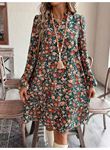 Kadın Uzun Kollu V Yakalı Desenli Modal Mini Elbise