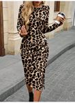 Kadın Uzun Kollu Bisiklet Yaka Leopar Desenli Modal Midi Elbise