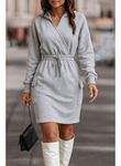 Kadın Uzun Kollu V Yakalı Kapşonlu Cep Detaylı şardonlu Iki Iplik Kısa Elbise