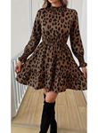 Kadın Uzun Kollu Yarı Balıkçı Yaka Leopar Desenli Modal Mini Elbise