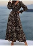 Kadın Uzun Kollu Kruvaze Yaka Leopar Desenli Uzun Süprem Elbise