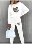 Kadın Uzun Kollu Bisiklet Yaka Kalp Desenli şardonlu üç Iplik Bluz Ve Pantolon Ikili Takım