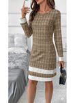 Kadın Uzun Kollu Yuvarlak Yaka Etek Ucu şerit Detaylı Mini Dokuma Elbise