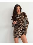 Kadın Uzun Kollu Sırtı Açık Bağlamalı Leopar Desenli Kısa Dalgıç Elbise
