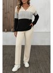 Kadın Uzun Kollu Kapşonlu Bağcıklı Blok Renkli şardonlu Kaşkorse Bluz Ve Pantolon Ikili Takım