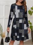 Kadın Uzun Kollu Yuvarlak Yaka Geometrik Süprem Elbise