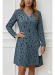 Kadın Uzun Kollu V Yakalı Desenli Kısa Keten Elbise