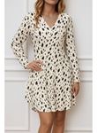 Kadın Uzun Kollu V Yakalı Desenli Kısa Keten Elbise