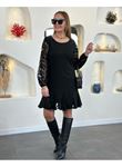 Kadın Uzun Kollu Yuvarlak Yaka Kol Ve Etek Ucu Dantelli Kısa Ithal Krep Elbise