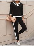 Kadın Uzun Kollu V Yakalı Ribanalı Viskon Iki Iplik Bluz Ve Pantolon Ikili Takım