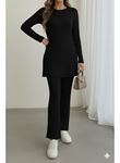 Kadın Uzun Kollu Yuvarlak Yaka Yandan Yırtmaç Detaylı şardonlu Kaşkorse Bluz Ve Pantolon Ikili Takım
