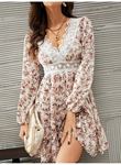Kadın Uzun Kollu Dantel V Yakalı Mini Desenli Süprem Elbise