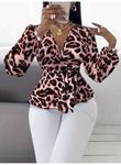 Kadın Uzun Kollu Kruvaze Yakalı Belden Kuşaklı Leopar Desenli Süprem Bluz