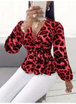 Kadın Uzun Kollu Kruvaze Yakalı Belden Kuşaklı Leopar Desenli Süprem Bluz
