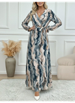 Kadın Uzun Kollu Kruvaze Yakalı Beli Kuşaklı Desenli Süprem Maxi Elbise
