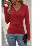 Kadın Uzun Kollu Kruvaze Yaka Yanlardan Büzgülü Viskon Bluz