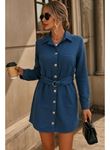Kadın Uzun Kollu Yakalı önden Düğmeli Beli Kuşaklı Mini Ithal Keten Elbise