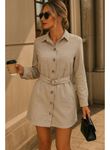 Kadın Uzun Kollu Yakalı önden Düğmeli Beli Kuşaklı Mini Ithal Keten Elbise