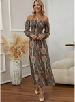 Kadın Düşük Omuzlu Beli Büzgülü Dijital Desenli Kesik Elyaf Süprem Uzun Elbise
