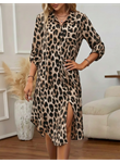 Kadın Uzun Kollu Yakalı önden Düğmeli Leopar Desenli Modal Midi Elbise