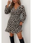 Kadın Uzun Kollu Kruvaze Yaka Desenli Mini Modal Elbise