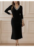Kadın Uzun Kollu V Ribana Yakalı Yanlardan Yırtmaçlı Midi Viskon Iki Iplik Elbise