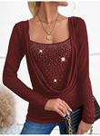 Kadın Uzun Kollu Derin Degaje Yakalı Taşlı Sandy Bluz