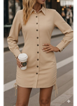 Kadın Uzun Kollu Gömlek Yaka önden Düğmeli Yanlardan Büzgülü Kısa Aerobin Elbise