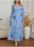 Kadın Uzun Kollu V Yakalı çiçek Desenli Maxi Süprem Elbise