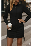Kadın Uzun Kollu Gömlek Yaka önden Düğmeli Yanlardan Büzgülü Kısa Aerobin Elbise