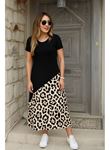 Kadın Kısa Kollu Bisiklet Yaka Leopar Detaylı Midi üst Viskon Alt Süprem Elbise