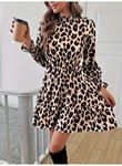 Kadın Uzun Kollu Yarı Balıkçı Yaka Leopar Desenli Modal Mini Elbise