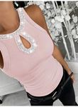 Kadın Halter Kollu Yuvarlak Taşlı Yaka Damla Detaylı Kaşkorse Bluz