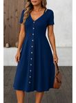 Kadın Kısa Kollu V Yakalı önden Düğmeli A Kesim Dokuma Elbise
