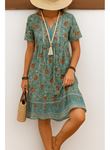 Kadın Kısa Kollu Yakası Bağcıklı önden Düğmeli Fırfır Desenli Süprem Elbise