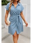 Kadın Kısa Kollu Yakalı Yandan Bağlamalı Dokuma Elbise