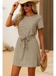 Kadın Kısa Kollu Yuvarlak Yaka Beli Kuşaklı Geometrik Desenli Süprem Elbise