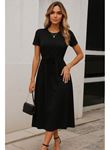 Kadın Kısa Kollu Bisiklet Yaka Belden Bağlamalı önü Bağcık Detaylı Maksi Boy Viskon Elbise