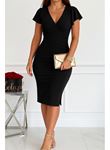 Kadın Kısa Kollu Derin Dekolte V Yakalı Yırtmaçlı Midi Janjan Krep Elbise