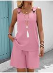 Kadın Askılı Yuvarlak Yaka Kuş Gözü Detaylı Bürümcük Bluz Ve Short Ikili Takım